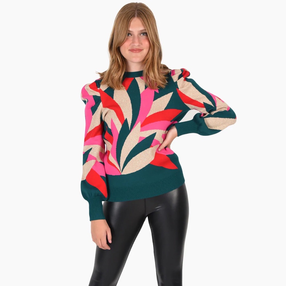 Emily McCarthy Julia Sweater Abstract Print Puff Sleeve Knit Sweater Size M